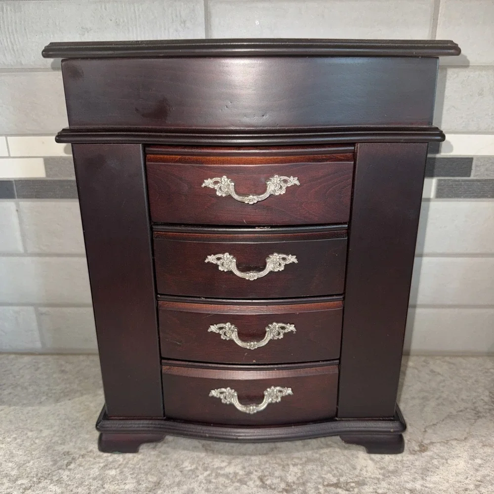 Vintage Mahogany Wood Jewelry Box Chest 4 Drawer Side Doors Mirror 13X10.5 In